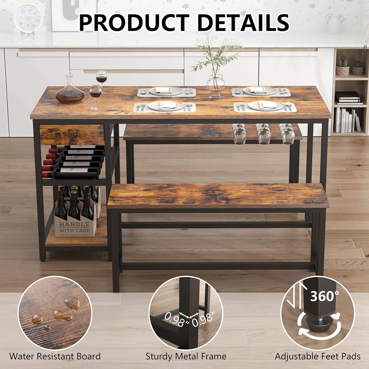 Rustic Dining Table Set For 4 To 6 With Storage Drawer