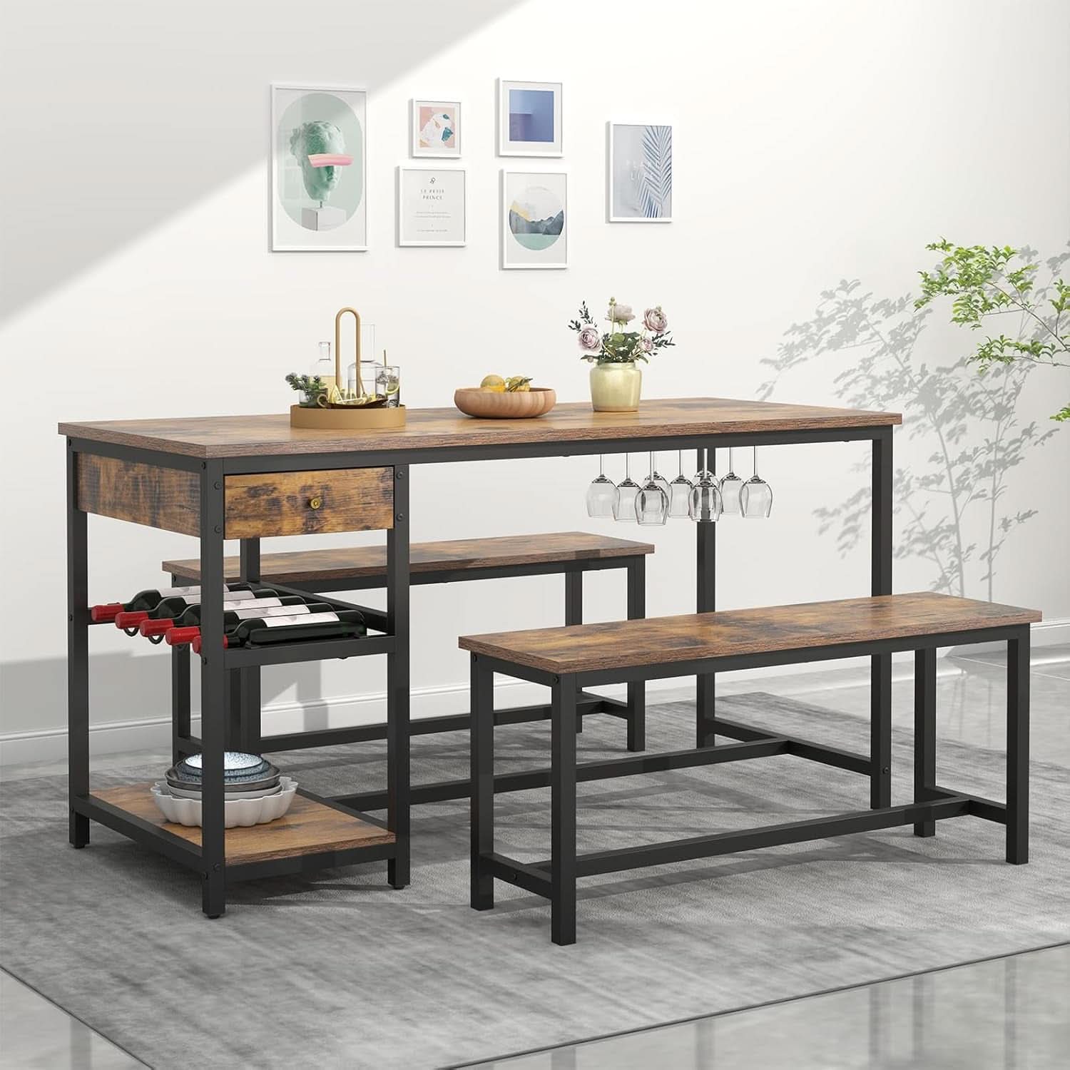 Rustic Dining Table Set For 4 To 6 With Storage Drawer