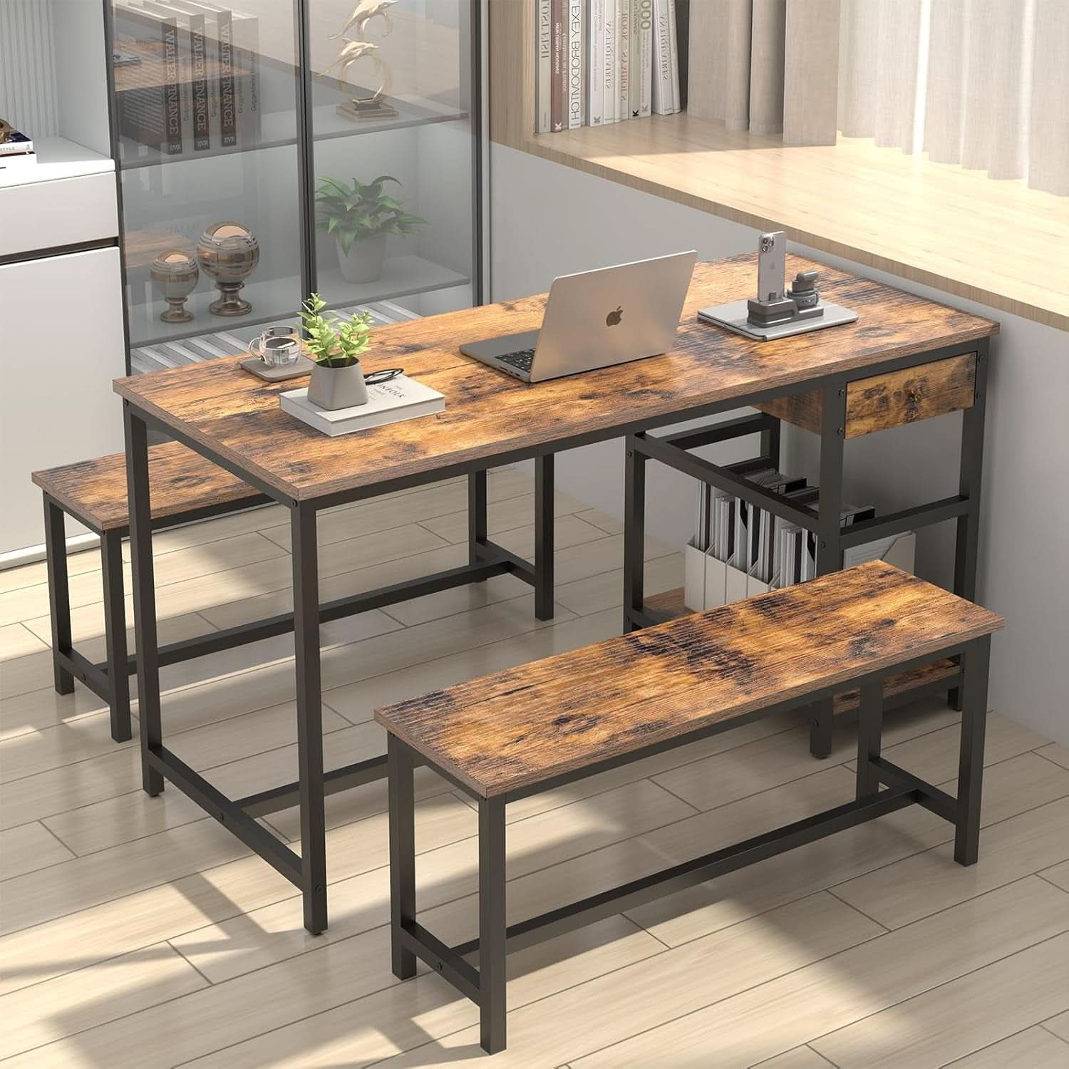 Rustic Dining Table Set For 4 To 6 With Storage Drawer