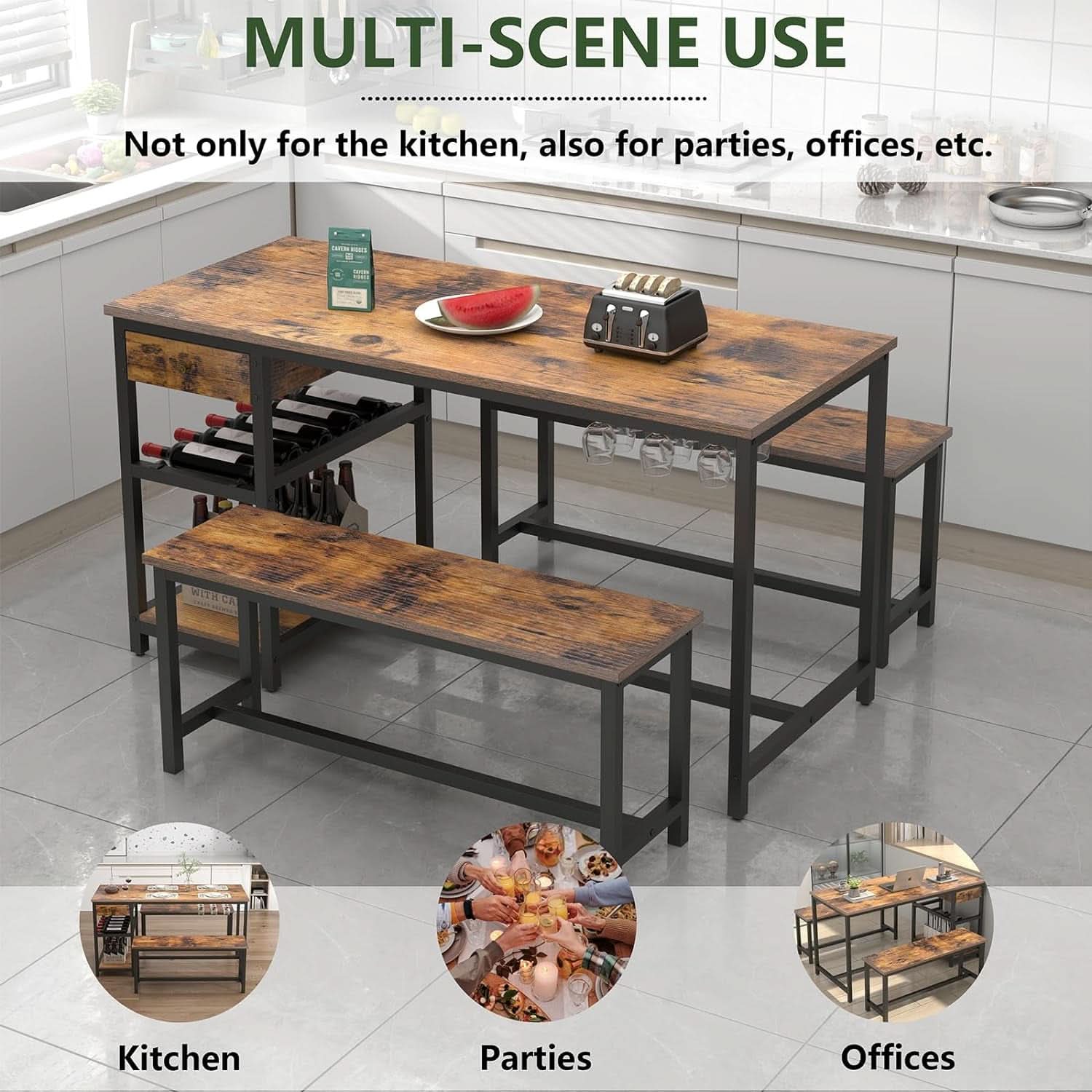 Rustic Dining Table Set For 4 To 6 With Storage Drawer