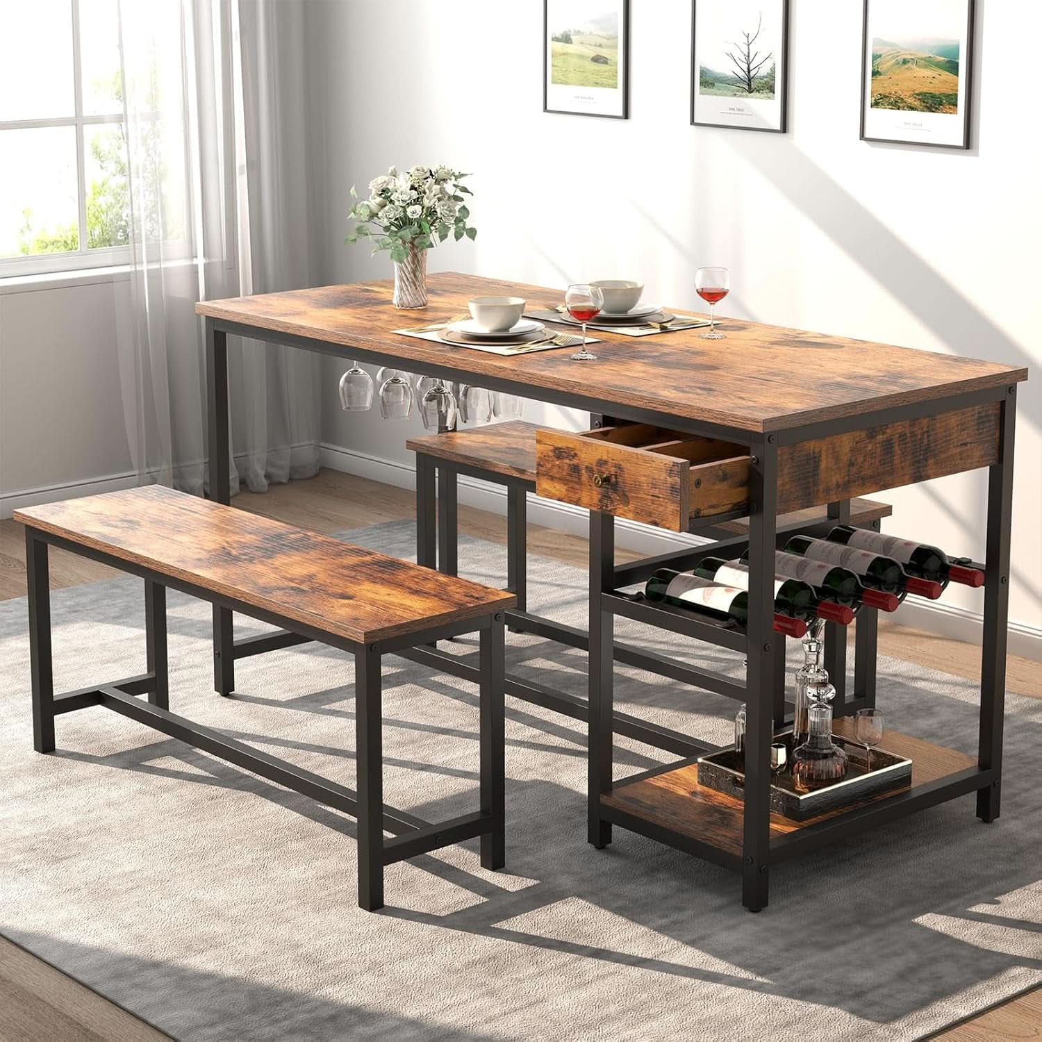 Rustic Dining Table Set For 4 To 6 With Storage Drawer