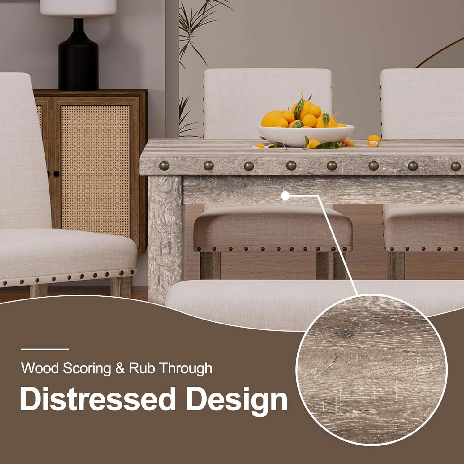 Rustic Dining Table Set Six NailheadAccents Chairs