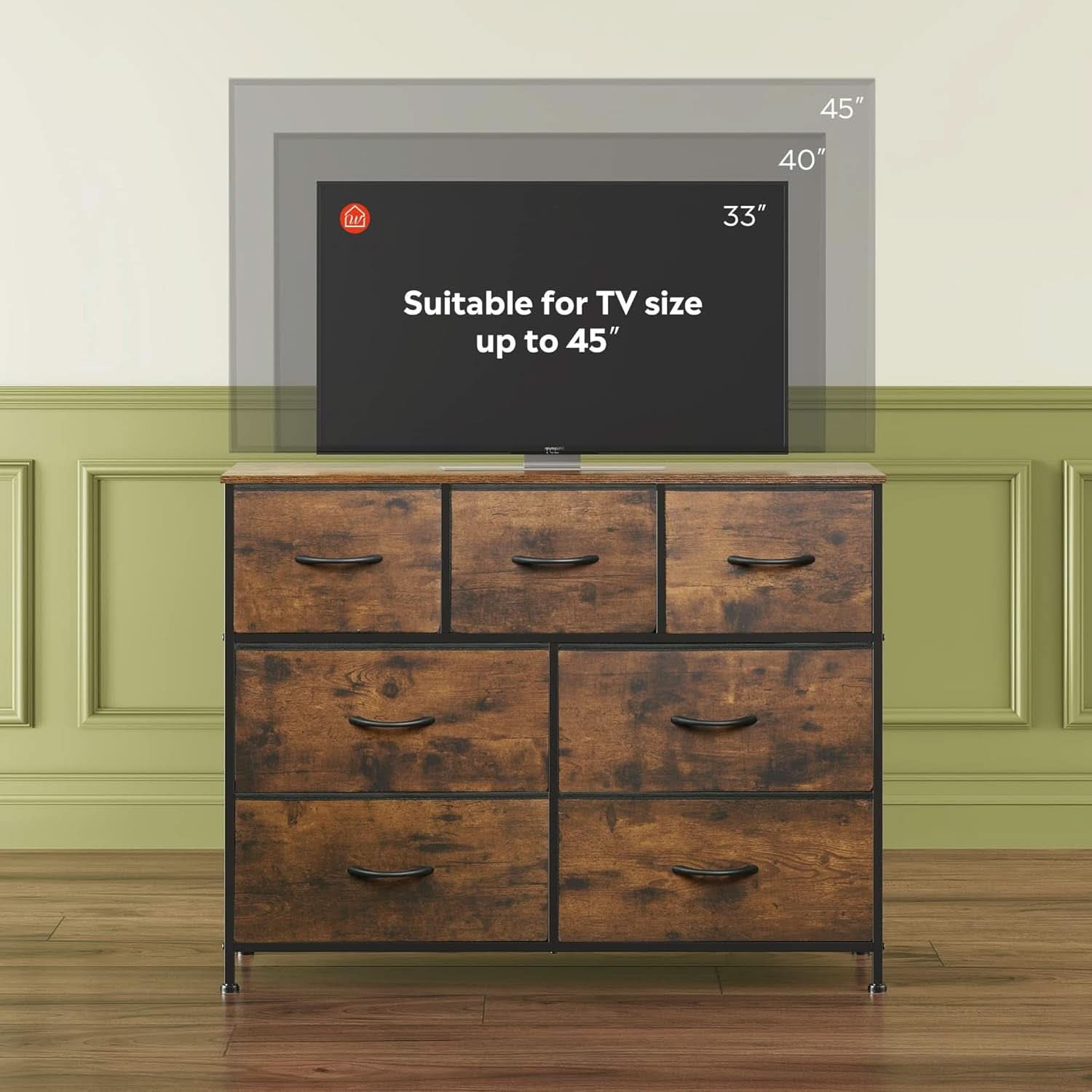 Rustic Fabric Dresser TV Stand With Wood Top And Metal Frame