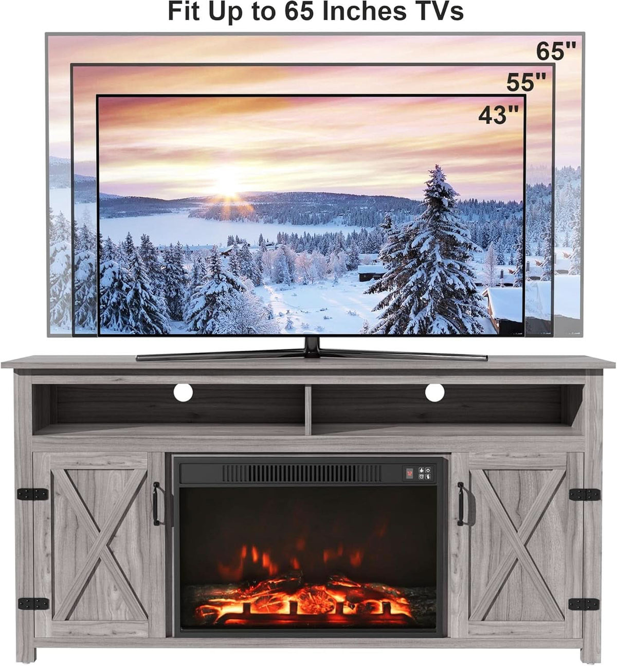 Rustic Fireplace TV Stand 65 Inch with Barn Doors Grey Wash