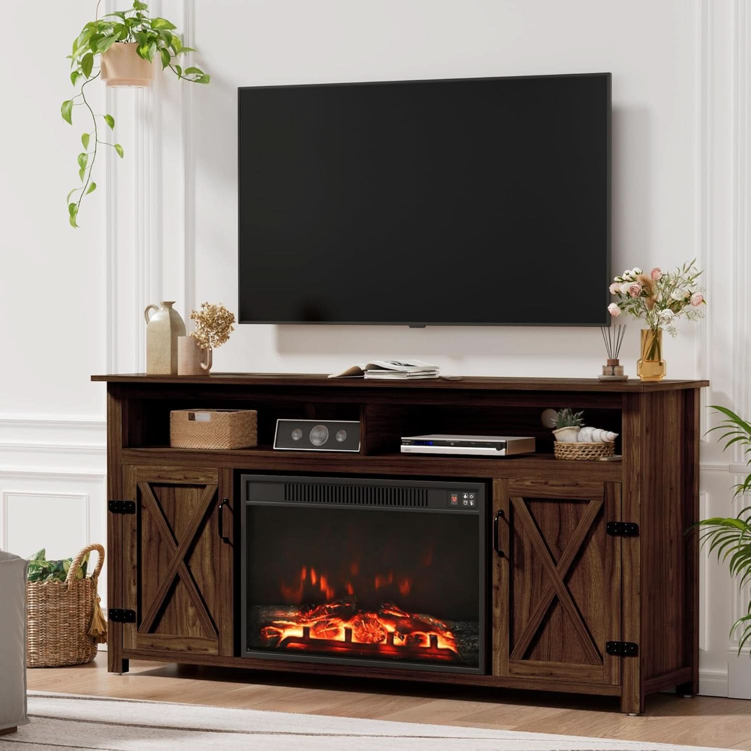 Rustic Fireplace TV Stand For 65 Inch TVs With Storage