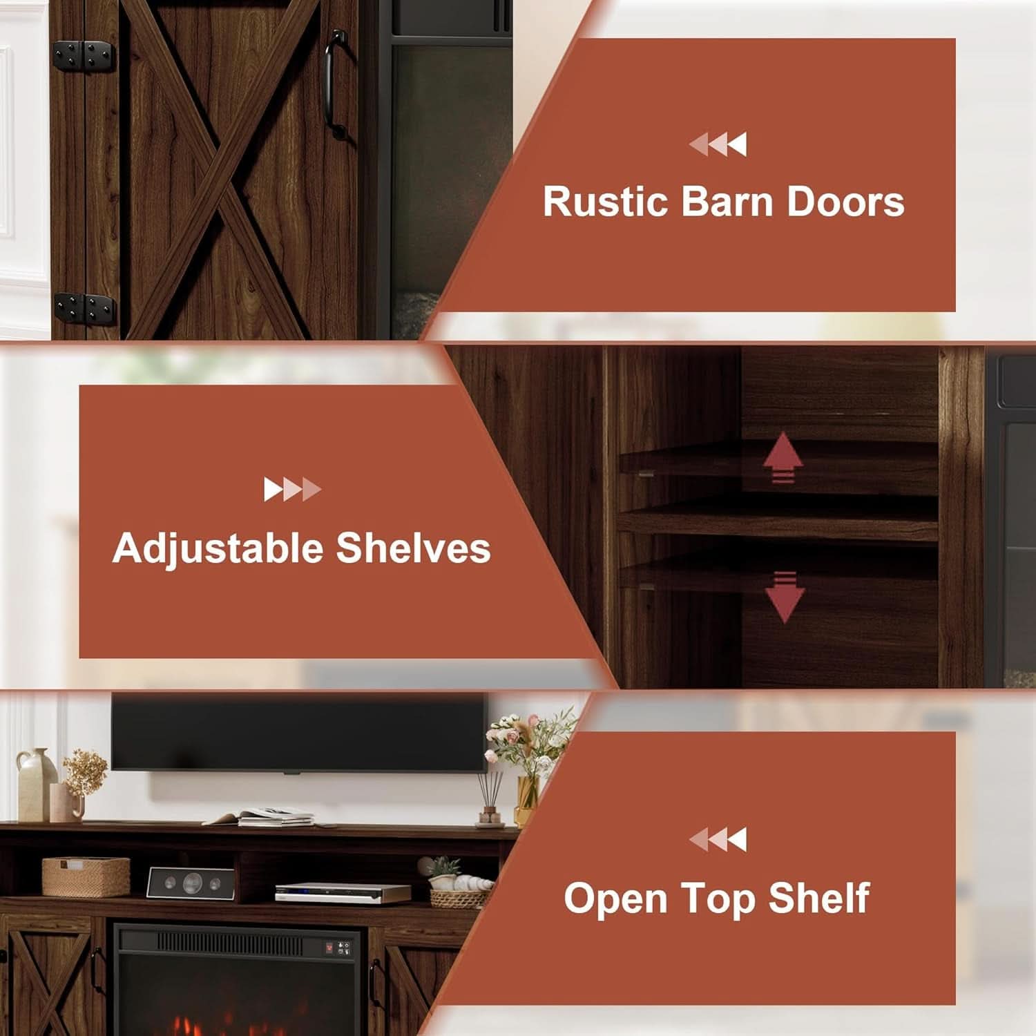 Rustic Fireplace TV Stand For 65 Inch TVs With Storage