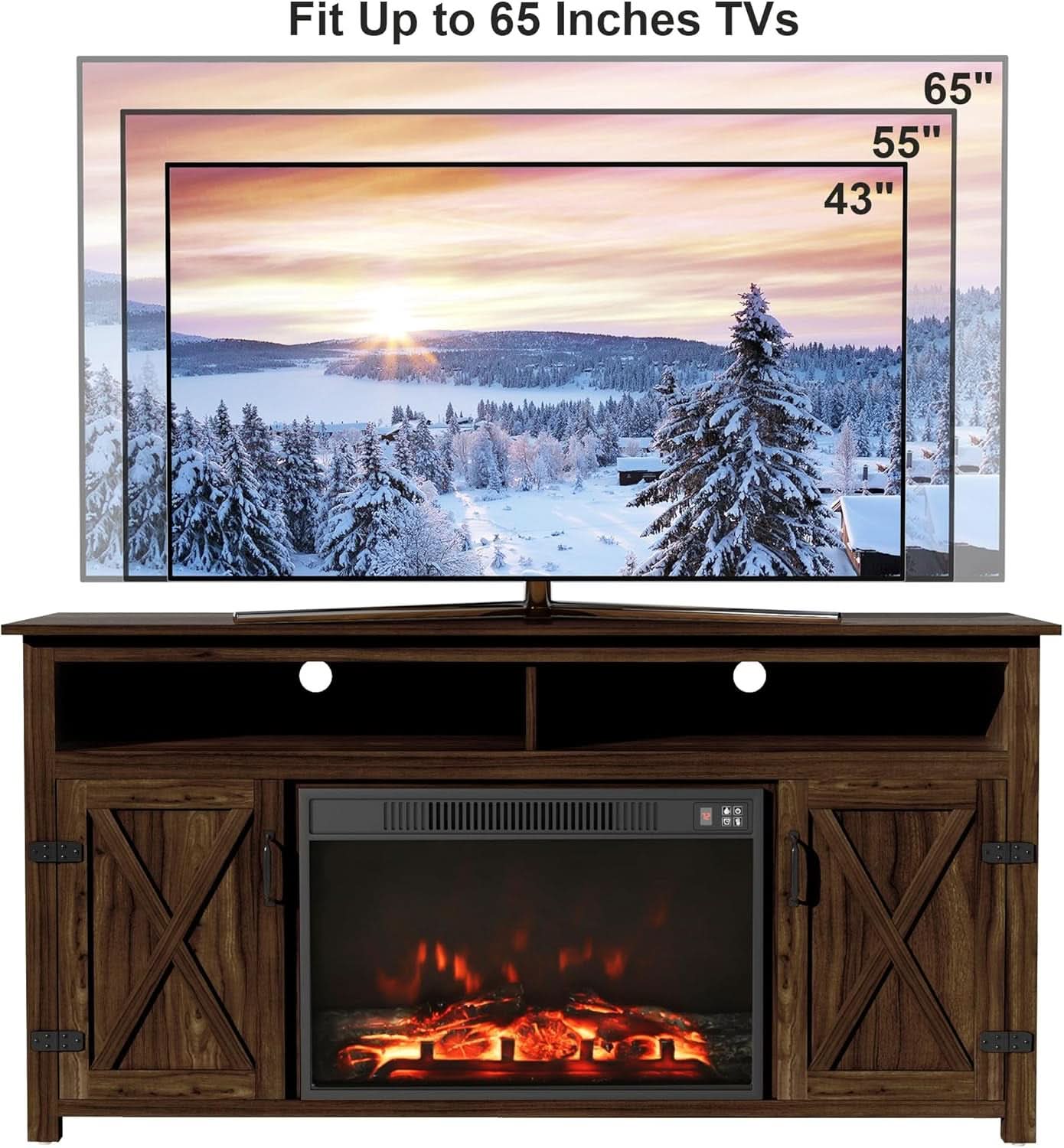 Rustic Fireplace TV Stand For 65 Inch TVs With Storage