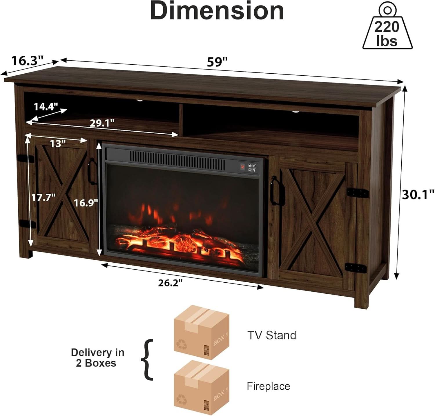 Rustic Fireplace TV Stand For 65 Inch TVs With Storage