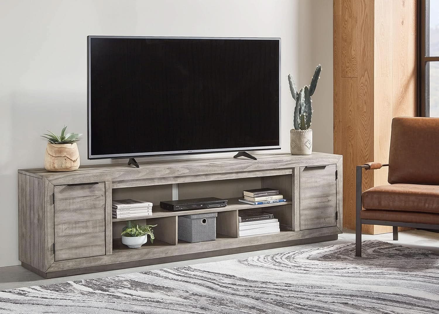 Rustic Gray 90 Inch TV Stand With Fireplace Option For TVs