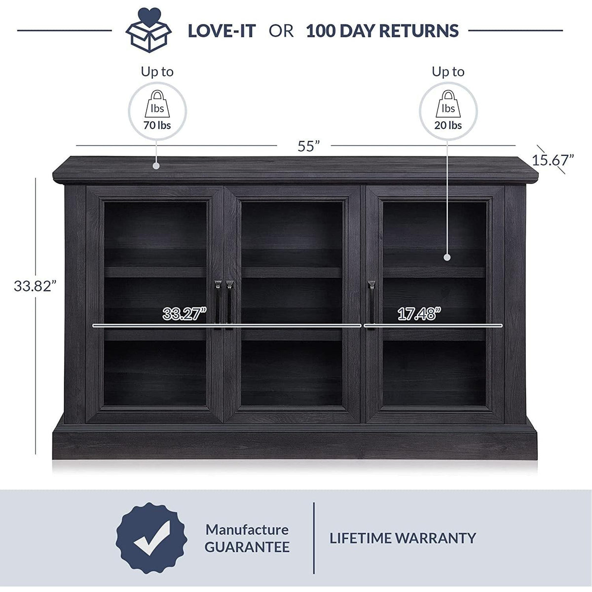 Rustic Gray Wood Sideboard With Glass Doors For Living Room