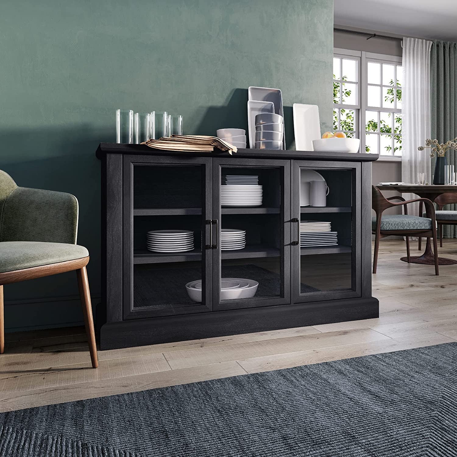 Rustic Gray Wood Sideboard With Glass Doors For Living Room