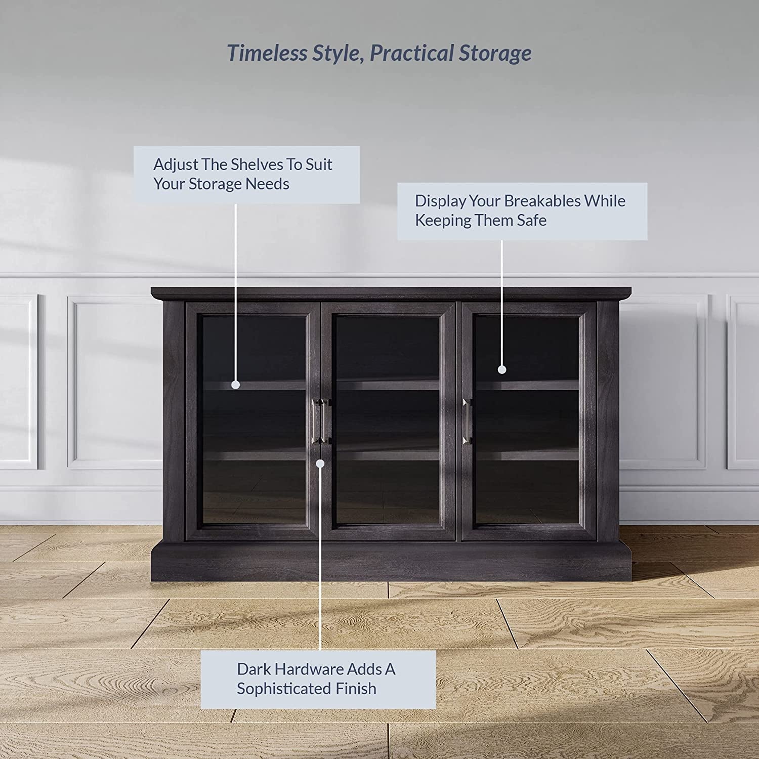 Rustic Gray Wood Sideboard With Glass Doors For Living Room