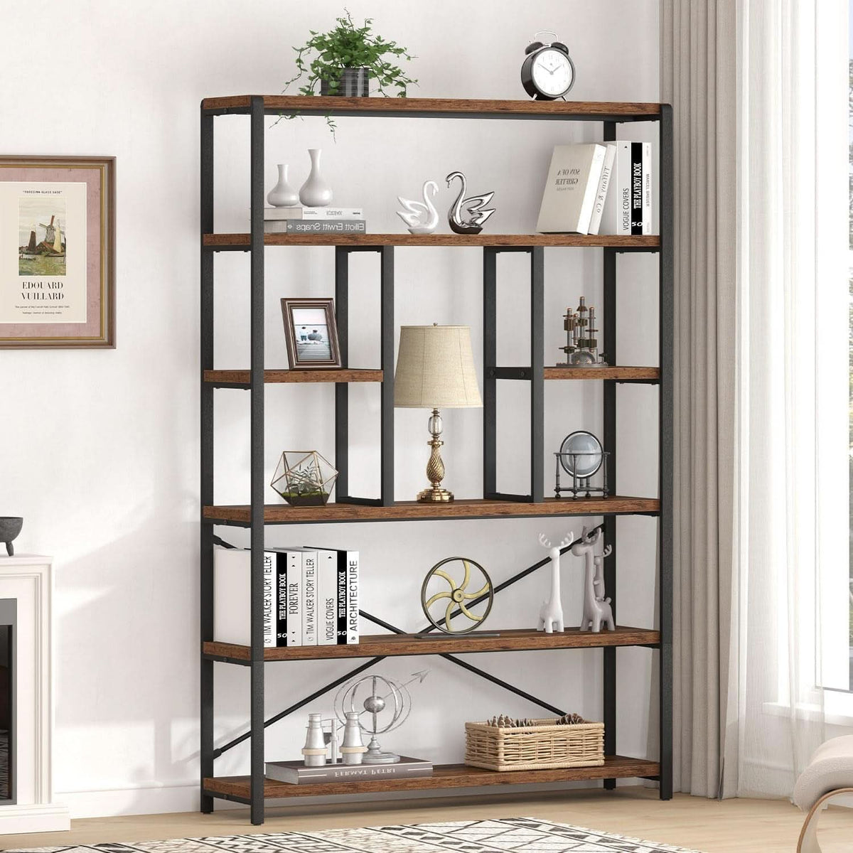 Rustic Industrial 6 Tier Bookcase Brown Wood Black Metal