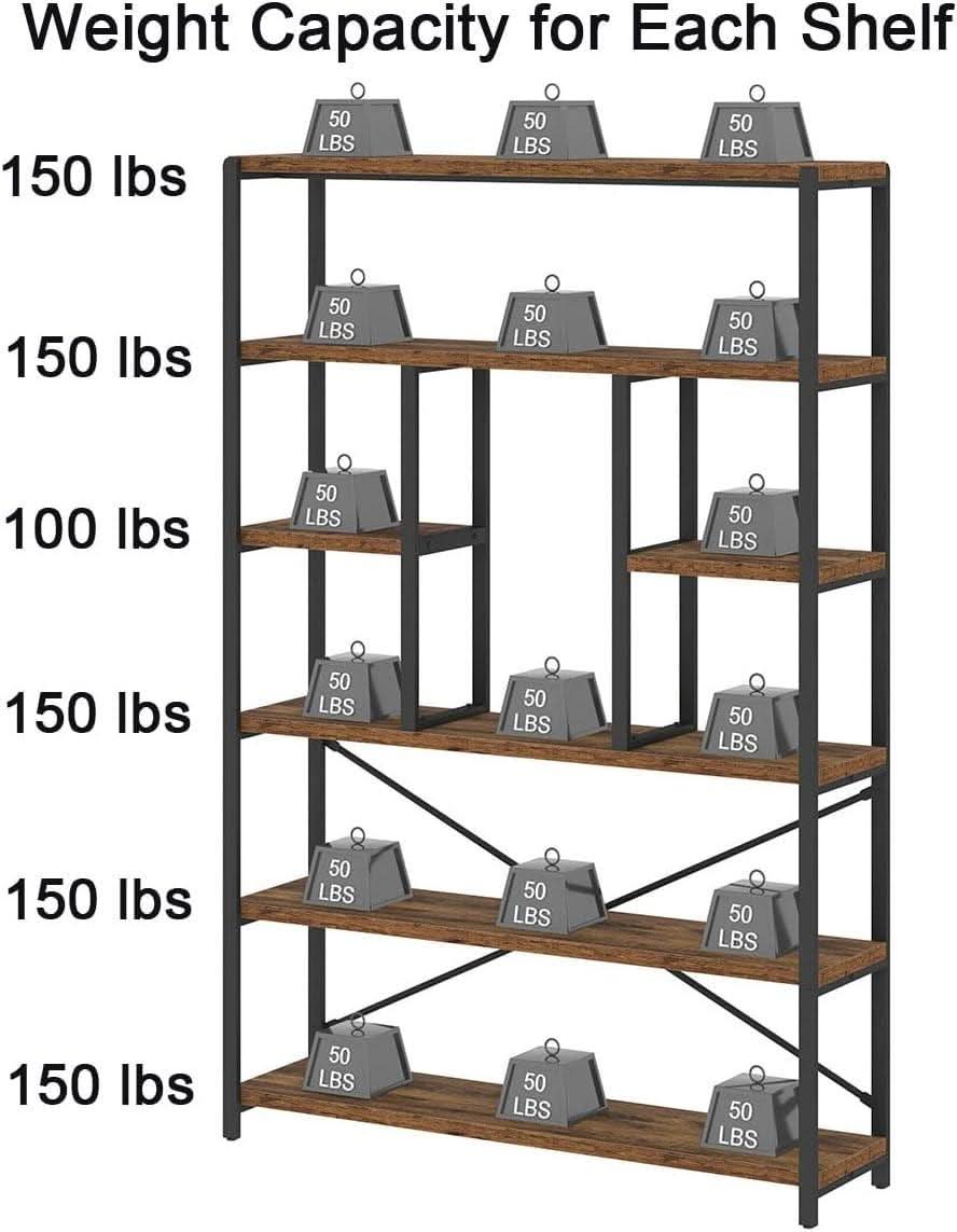 Rustic Industrial 6 Tier Bookcase Brown Wood Black Metal
