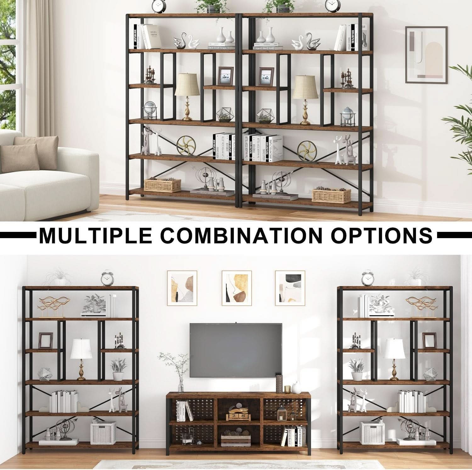 Rustic Industrial 6 Tier Bookcase Brown Wood Black Metal