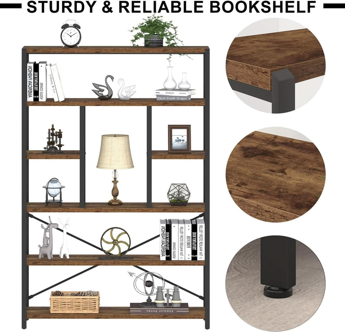 Rustic Industrial 6 Tier Bookcase Brown Wood Black Metal