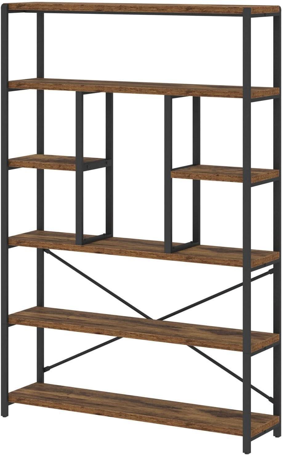 Rustic Industrial 6 Tier Bookcase Brown Wood Black Metal