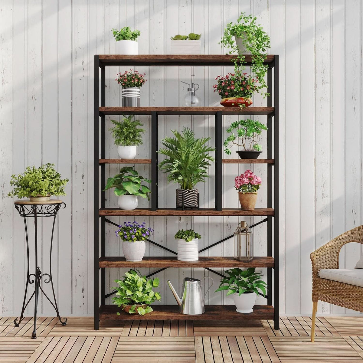 Rustic Industrial 6 Tier Bookcase Brown Wood Black Metal