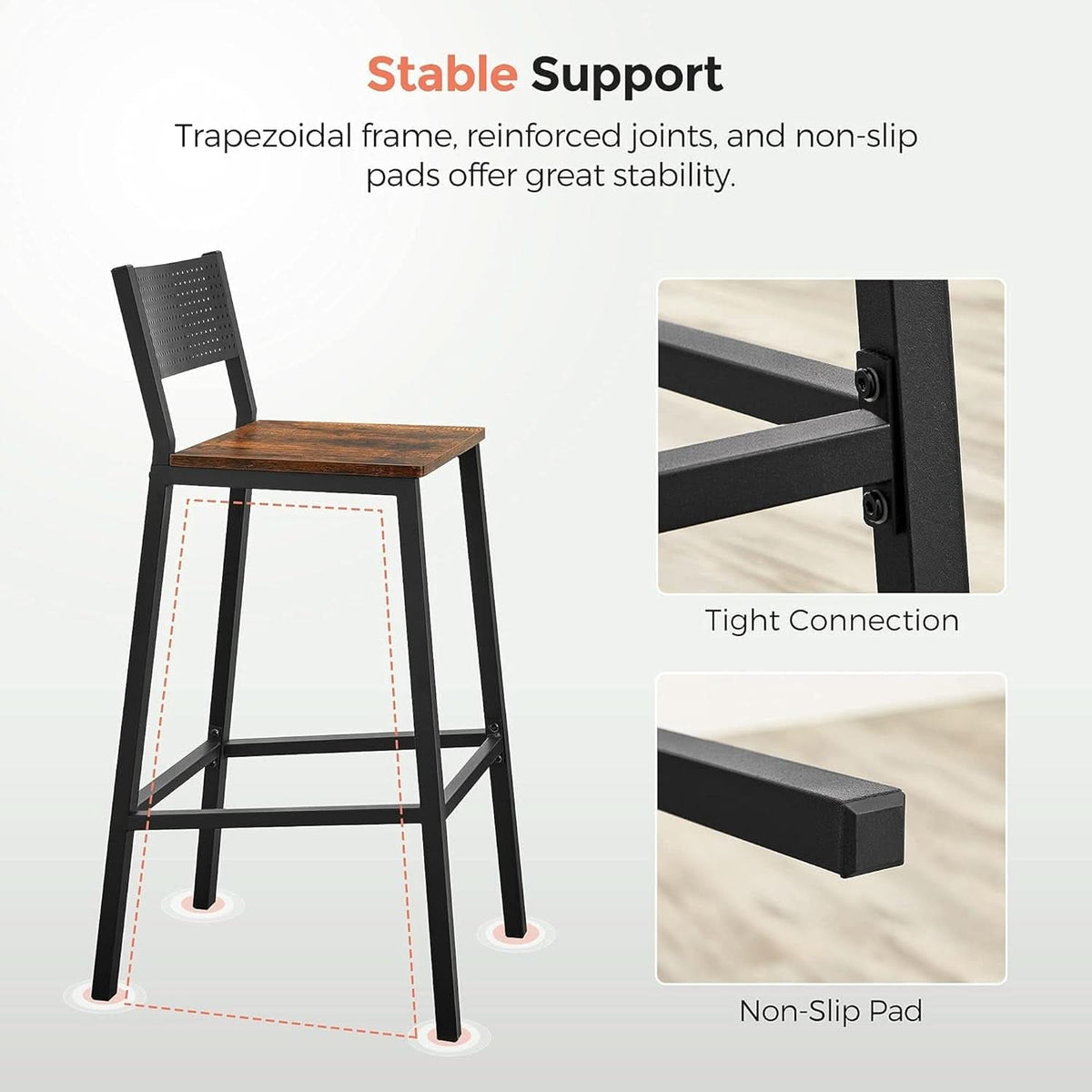 Rustic Industrial Bar Stools Set Of 2 With Backrest Brown And Black