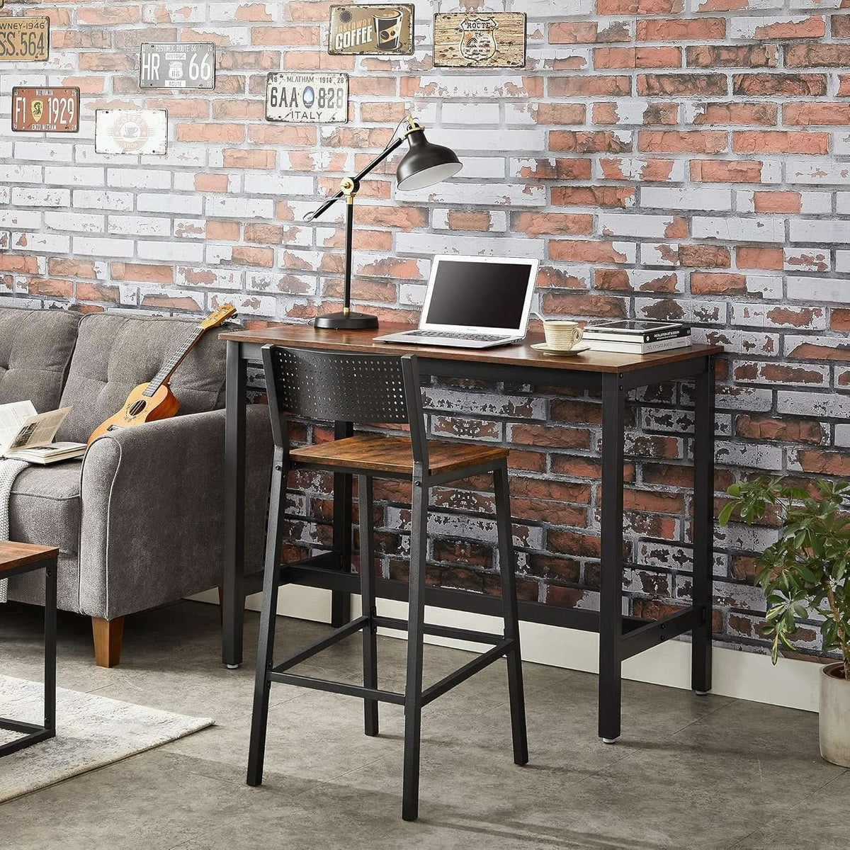Rustic Industrial Bar Stools Set Of 2 With Backrest Brown And Black