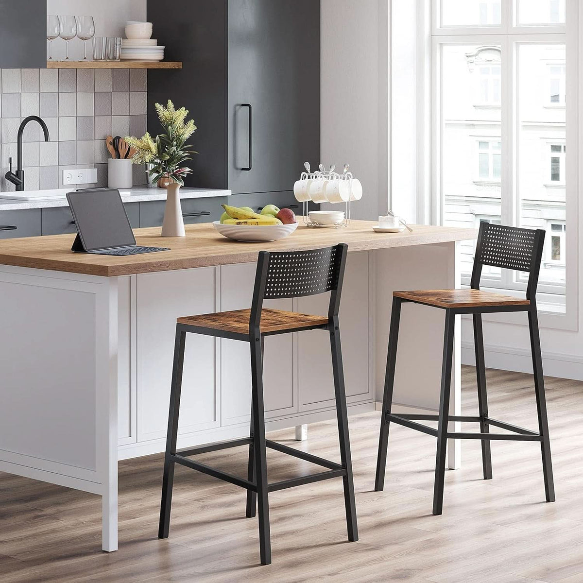 Rustic Industrial Bar Stools Set Of 2 With Backrest Brown And Black