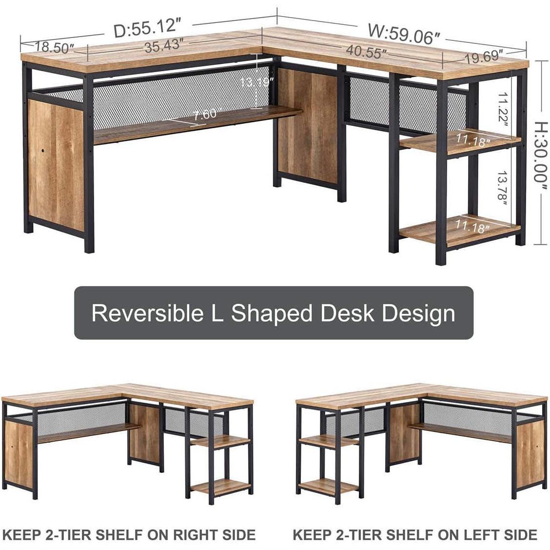 Rustic Industrial L Shaped Desk 59 Inch Wide With Shelves