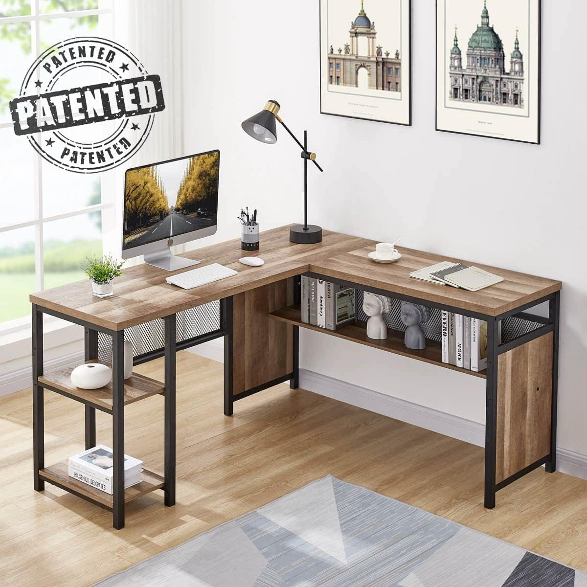 Rustic Industrial L Shaped Desk 59 Inch Wide With Shelves