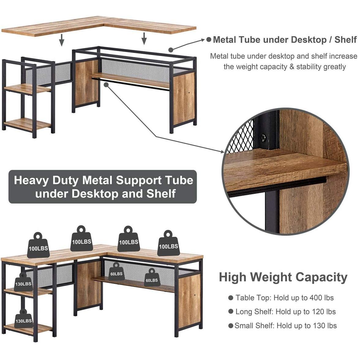 Rustic Industrial L Shaped Desk 59 Inch Wide With Shelves