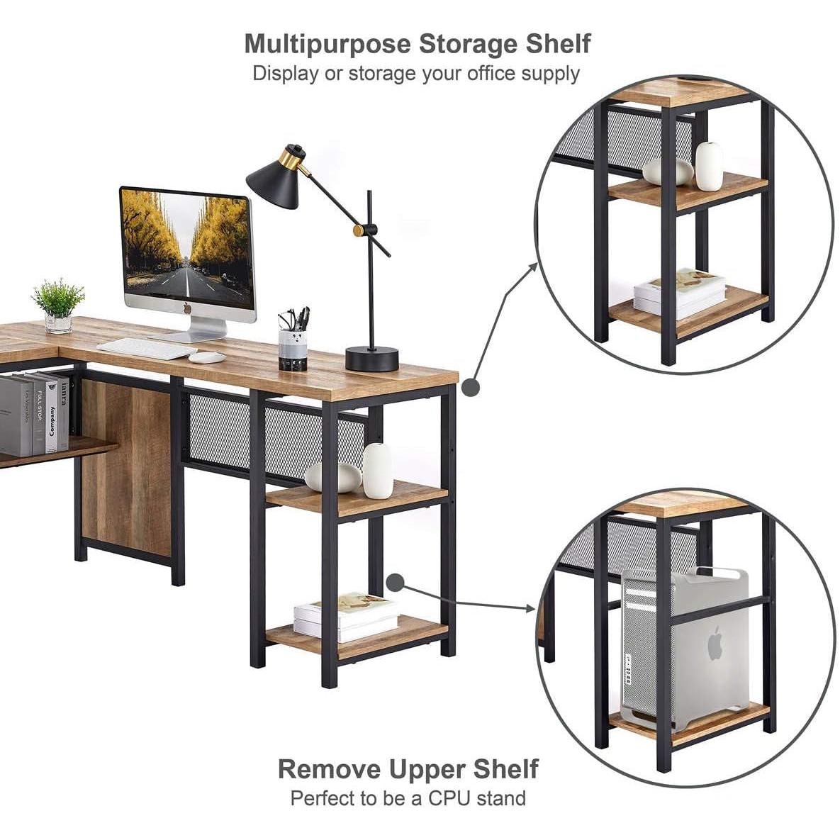 Rustic Industrial L Shaped Desk 59 Inch Wide With Shelves