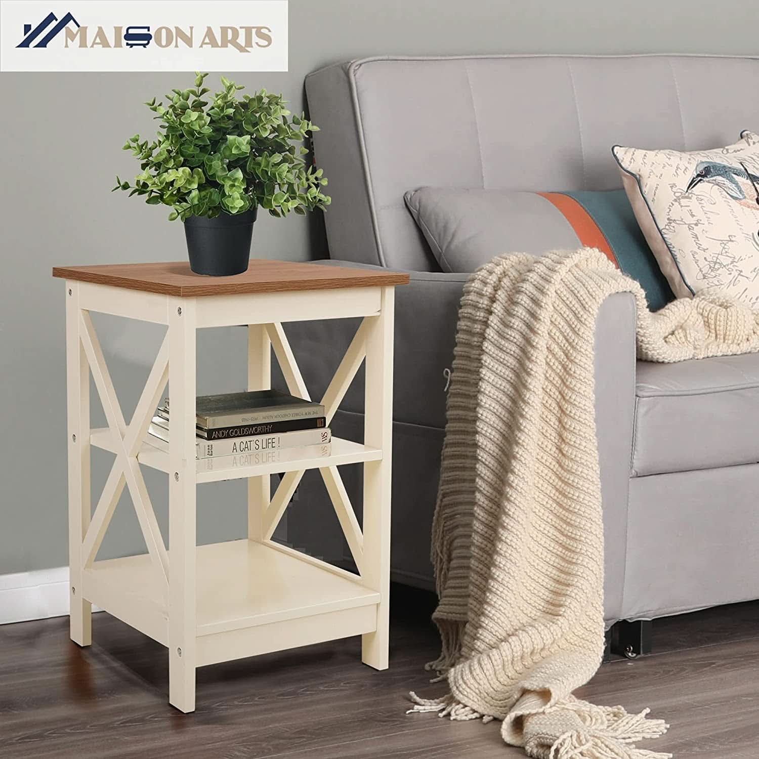 Rustic Ivory End Table Set Of 2 With Shelves 23.6 Inch