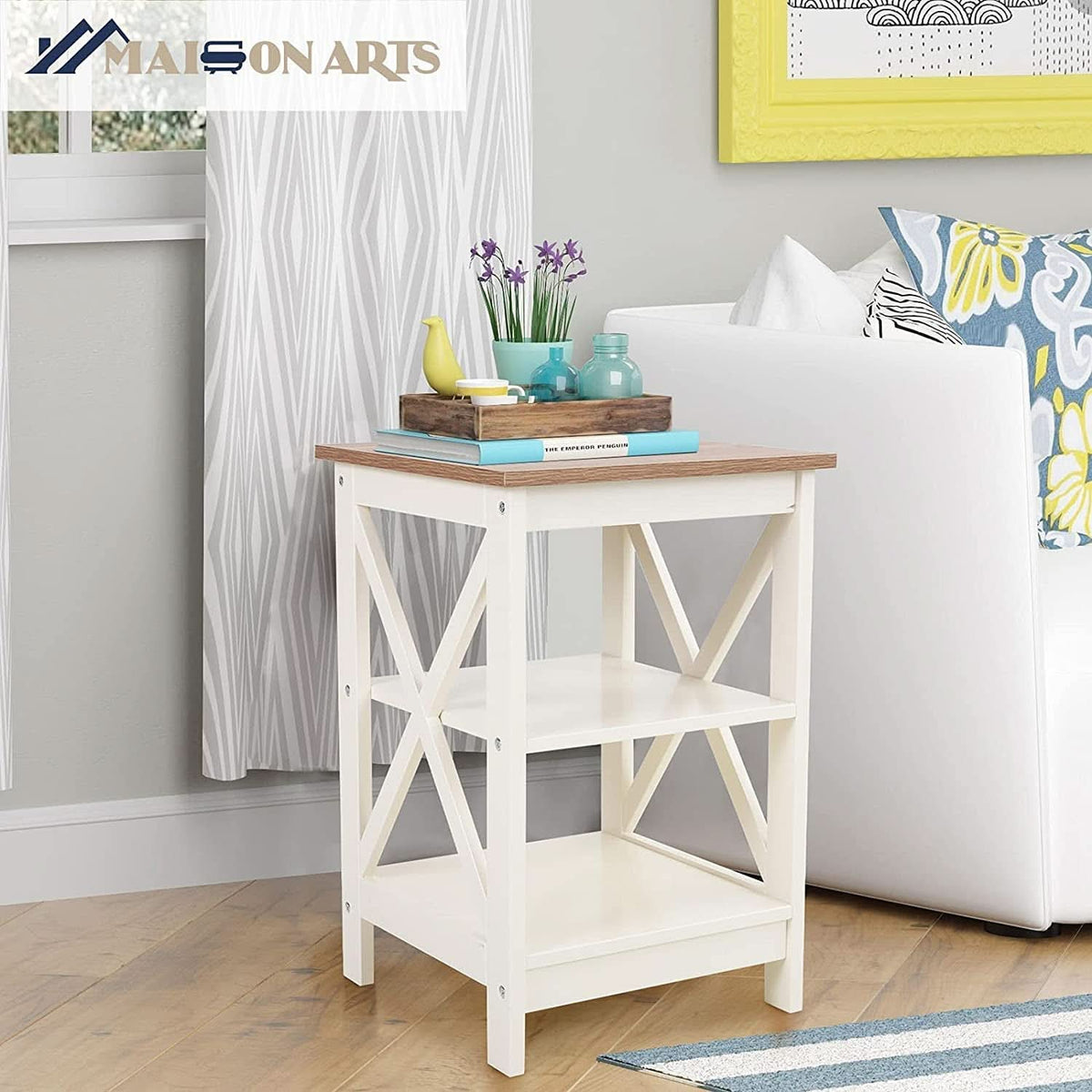 Rustic Ivory End Table Set Of 2 With Shelves 23.6 Inch