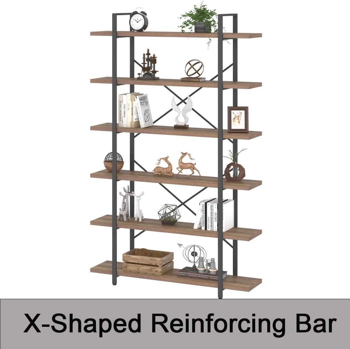 Rustic Oak 6 Tier Tall Bookcase With Metal Frame Industrial
