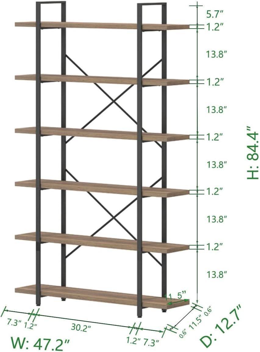 Rustic Oak 6 Tier Tall Bookcase With Metal Frame Industrial