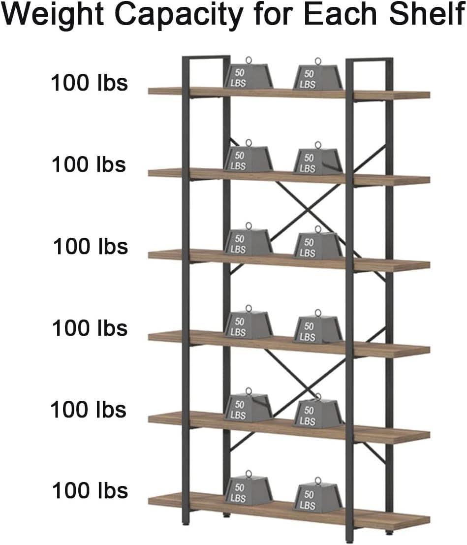 Rustic Oak 6 Tier Tall Bookcase With Metal Frame Industrial