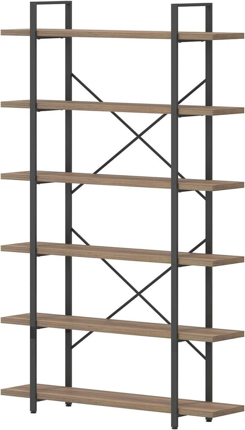 Rustic Oak 6 Tier Tall Bookcase With Metal Frame Industrial