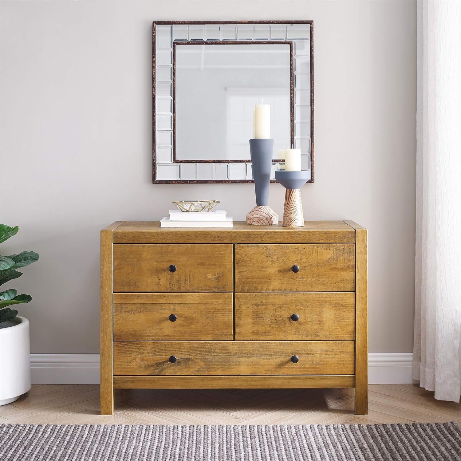 Rustic Oak Finish Five Drawer Dresser With Round Knobs