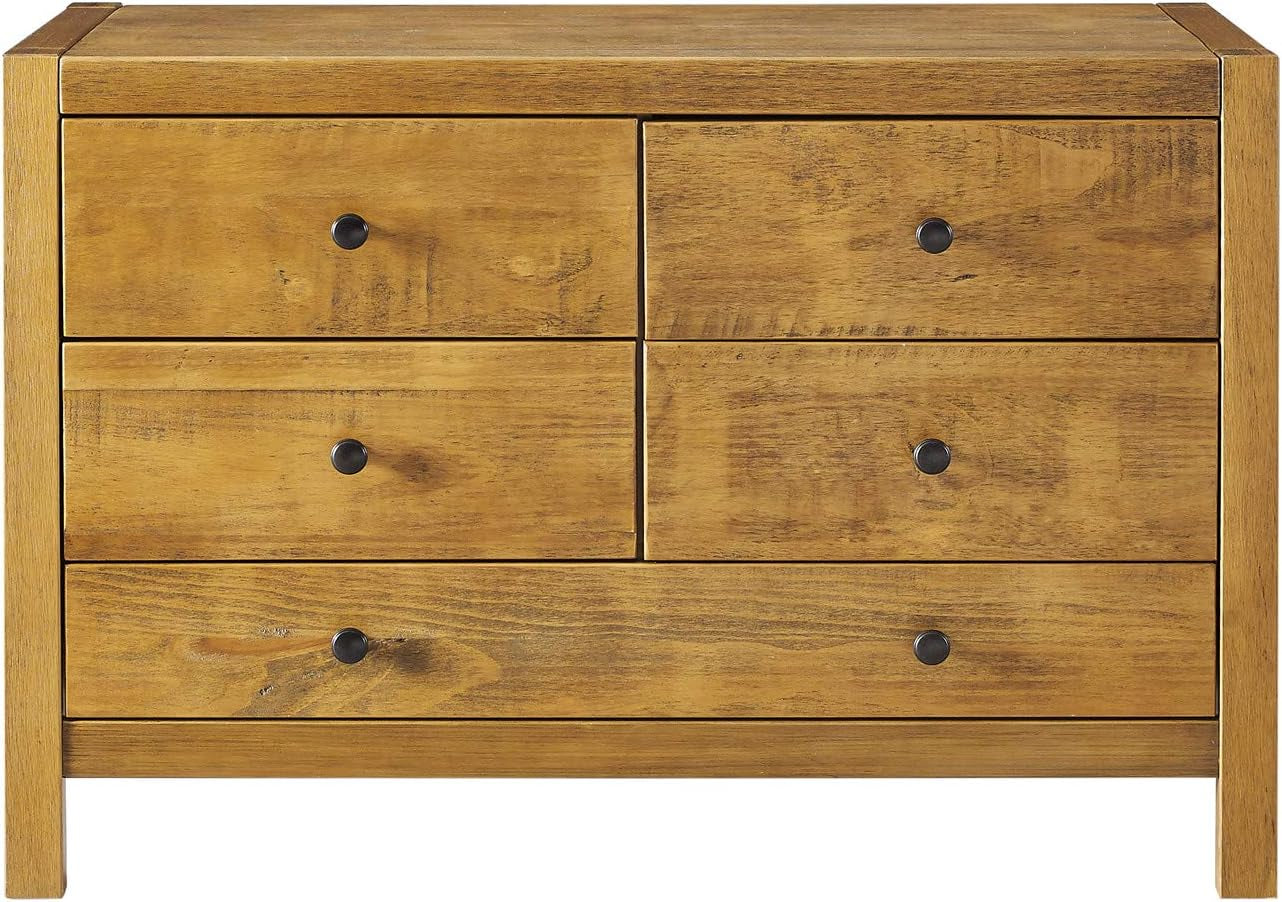 Rustic Oak Finish Five Drawer Dresser With Round Knobs