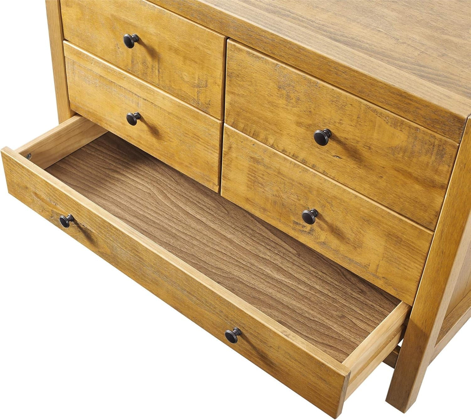 Rustic Oak Finish Five Drawer Dresser With Round Knobs