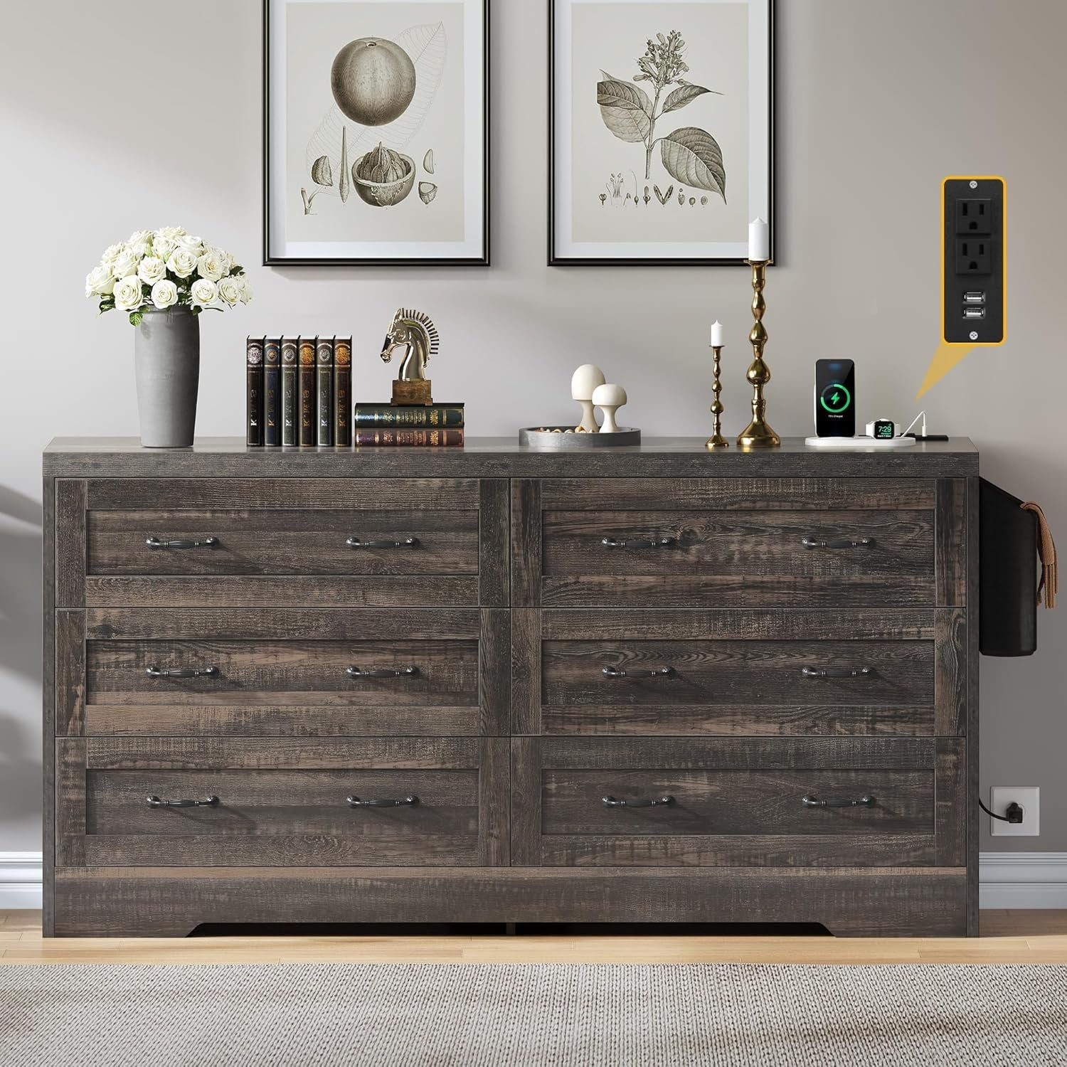 Rustic Oak TV Stand 65 Inch With Built In Outlets Storage