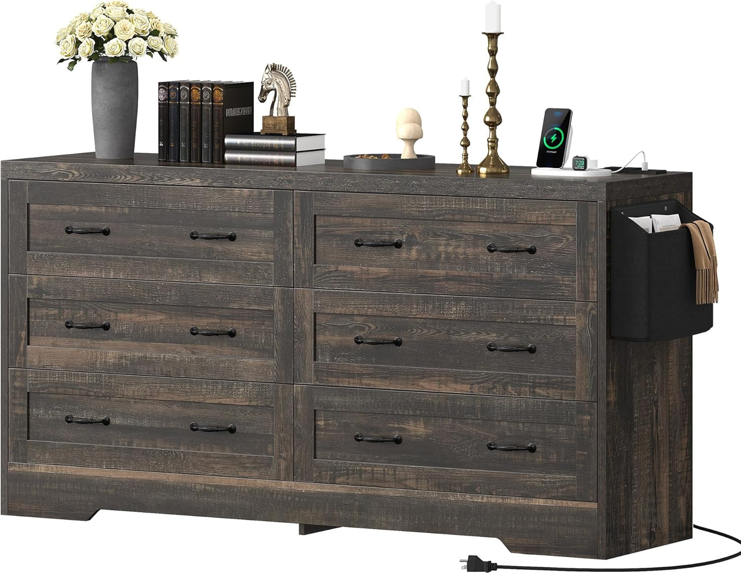 Rustic Oak TV Stand 65 Inch With Built In Outlets Storage