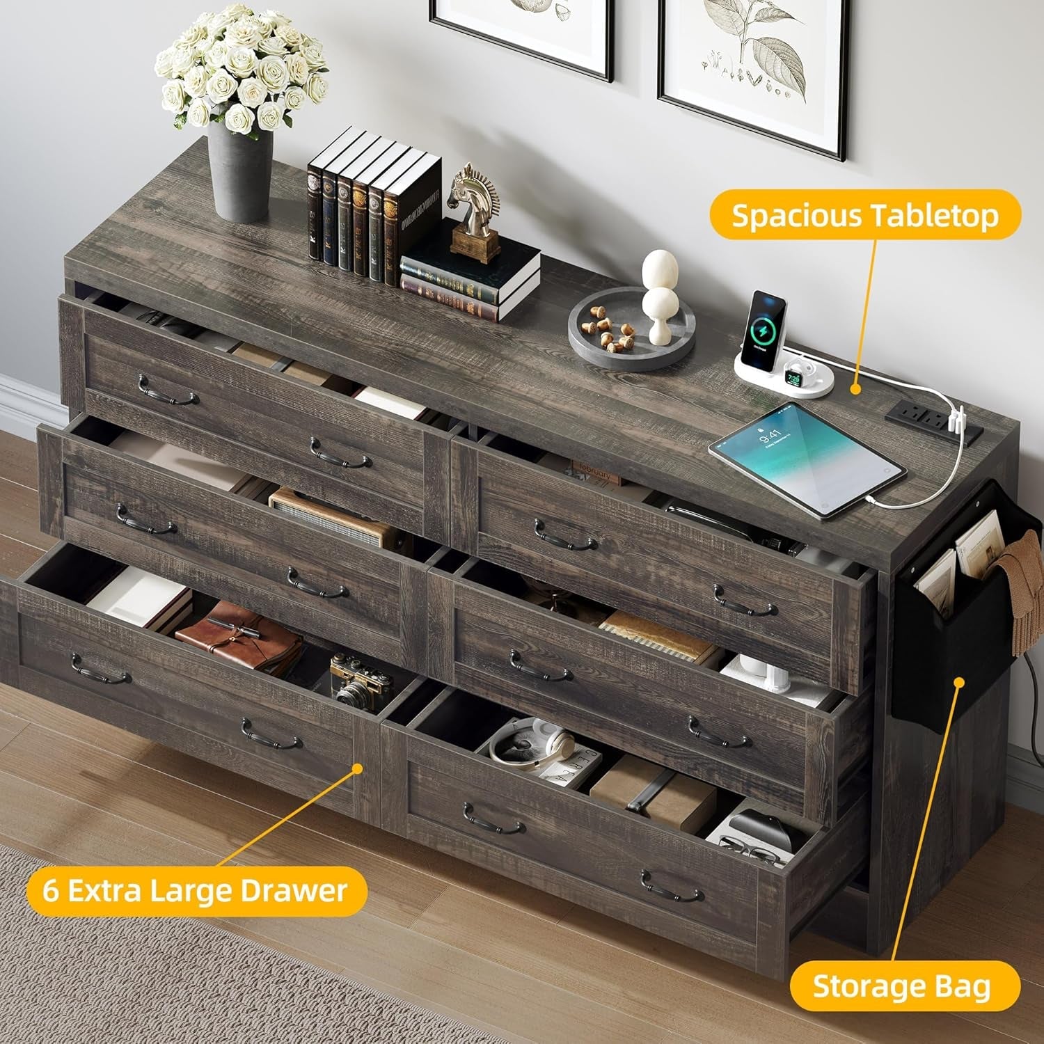 Rustic Oak TV Stand 65 Inch With Built In Outlets Storage
