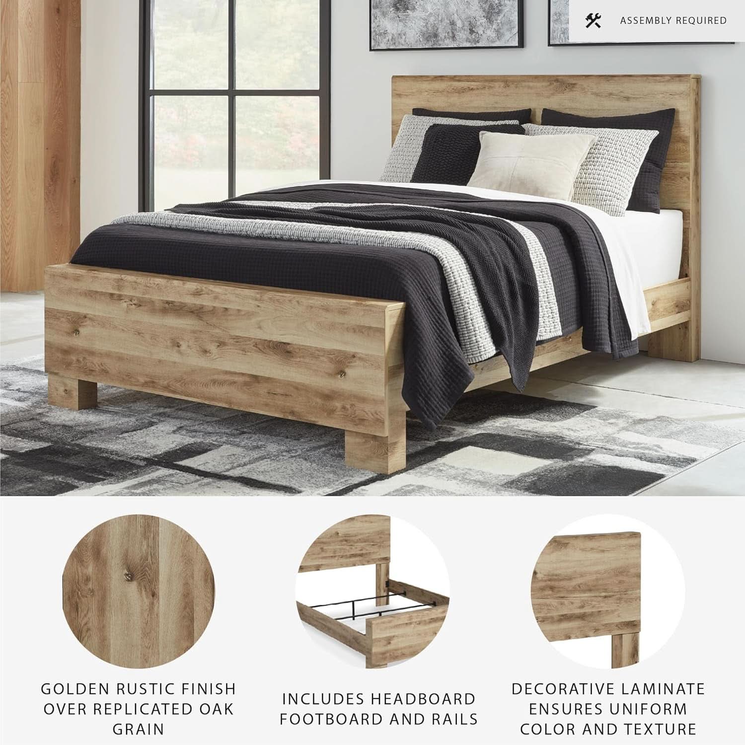 Rustic Queen Panel Bed With Metal Slats Light Brown Finish