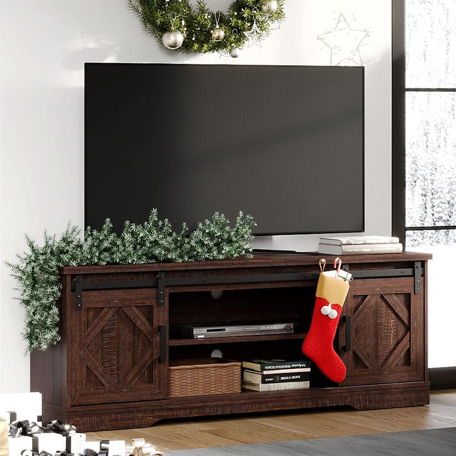 Rustic Sliding Barn Door TV Stand For 65 Inch TVs Console