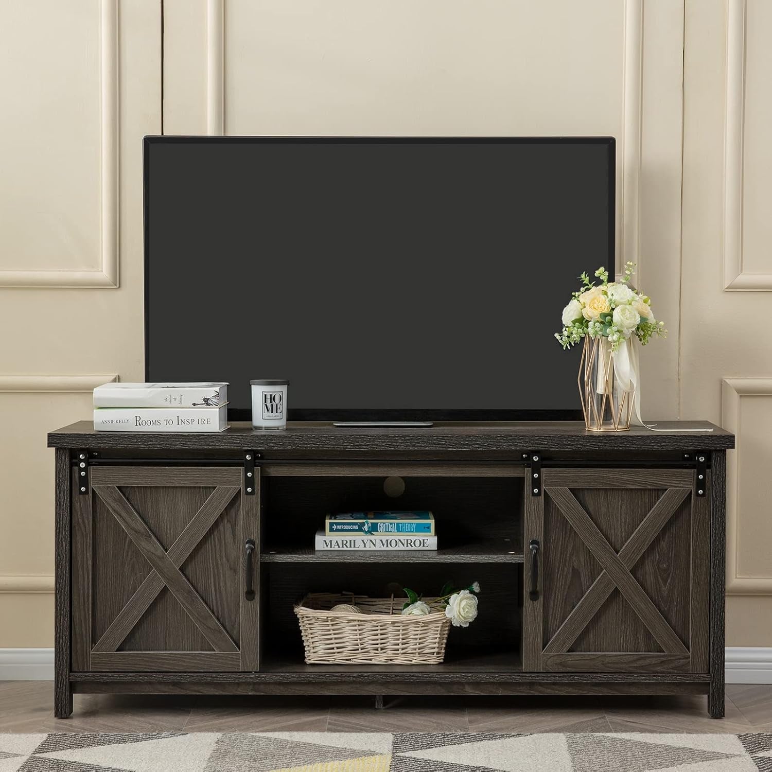 Rustic Sliding Barn Door TV Stand for 65 Inch TVs Dark Grey