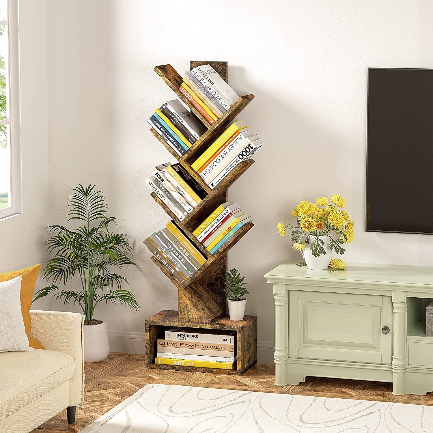 Rustic Tree Bookshelf With Drawer And Open Shelves