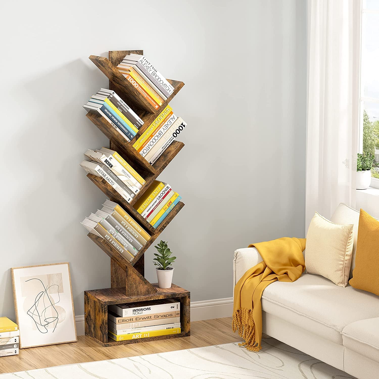 Rustic Tree Bookshelf With Drawer And Open Shelves