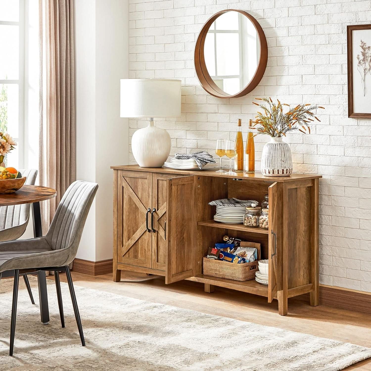 Rustic Walnut Buffet Cabinet With Adjustable Shelves