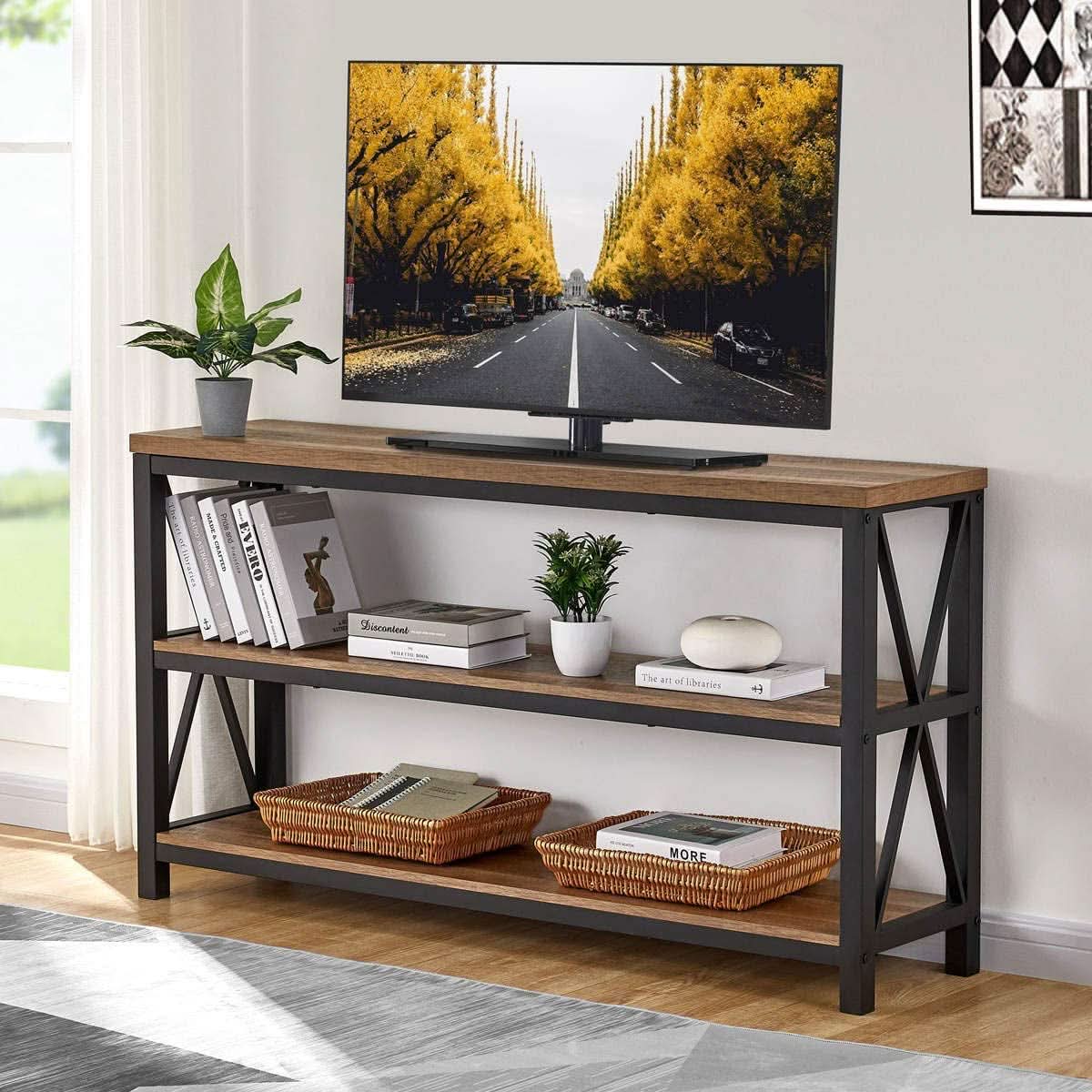 Rustic Wood Console Table With Three Shelves Metal Frame