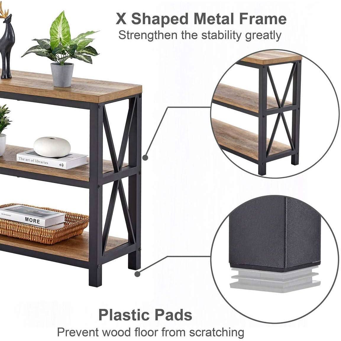 Rustic Wood Console Table With Three Shelves Metal Frame