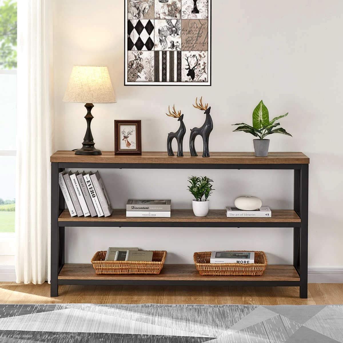 Rustic Wood Console Table With Three Shelves Metal Frame